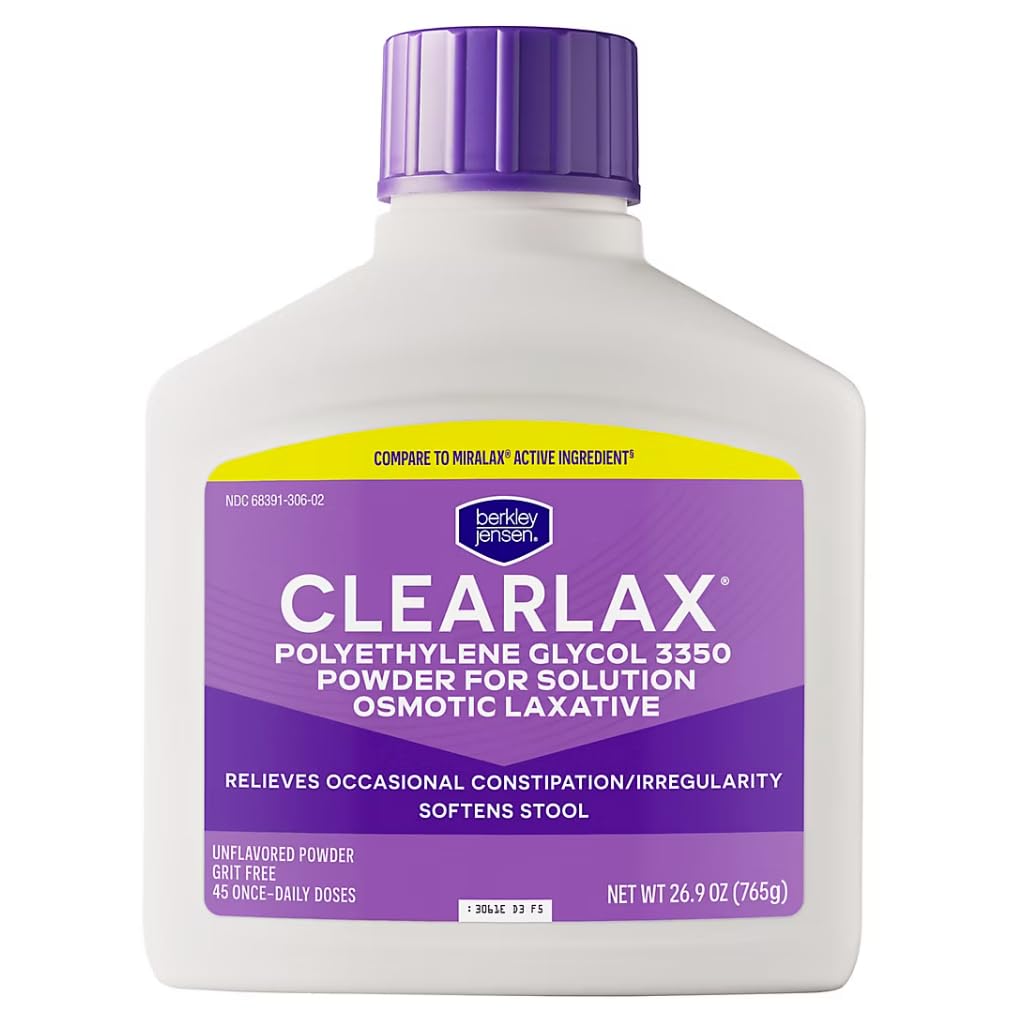 Berkley Jensen ClearLax Polyethylene Glycol 3350 Powder for Solution, Osmotic Laxative, Stool Softener, Gentle Occasional Constipation Relief, Unflavored, 45 Dose, 26.9 oz, Pack of 1