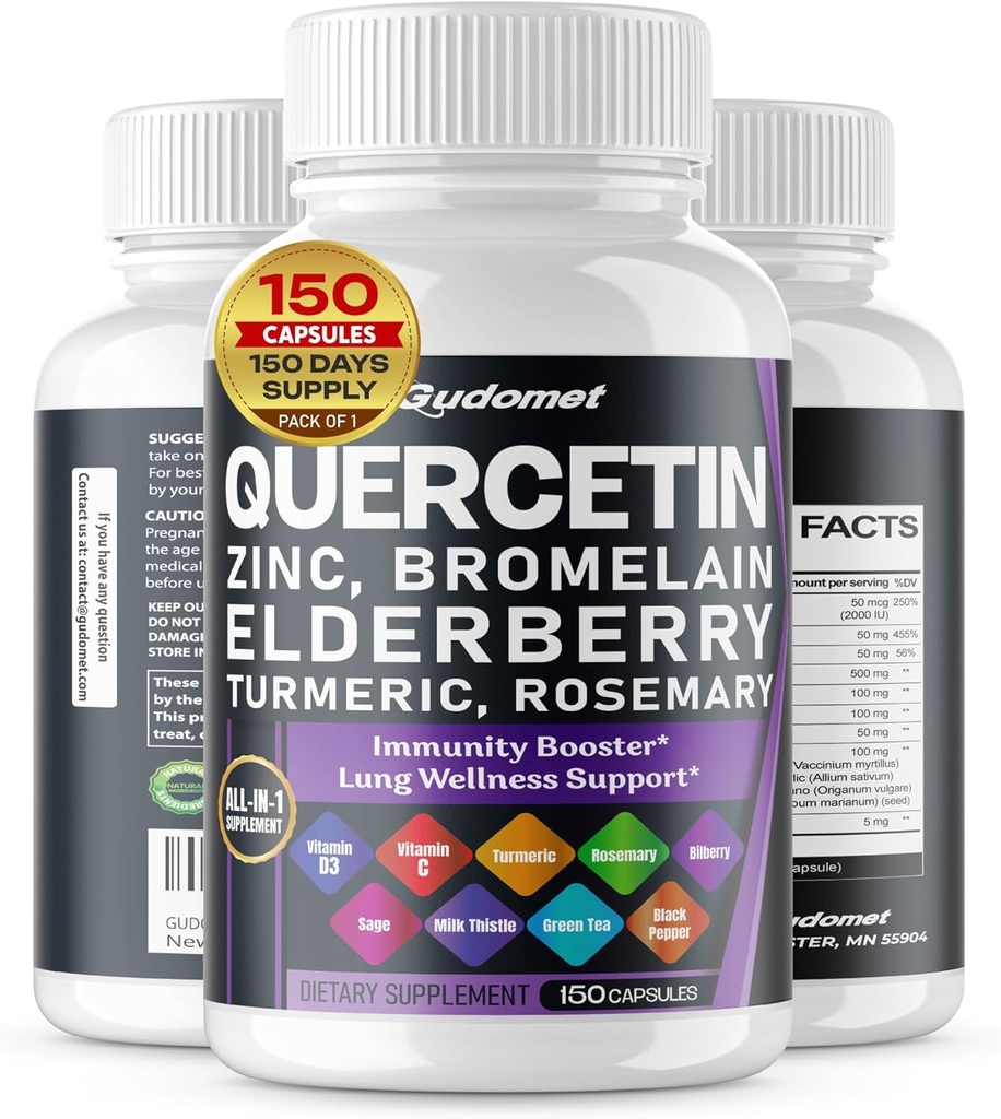 Quercetin Bromelain Zinc Vitamin D3 Elderberry Turmeric Rosemary Bilberry Sage Odorless Garlic Green Tea Milk Thistle Oregano -150 Capsules- Made in USA