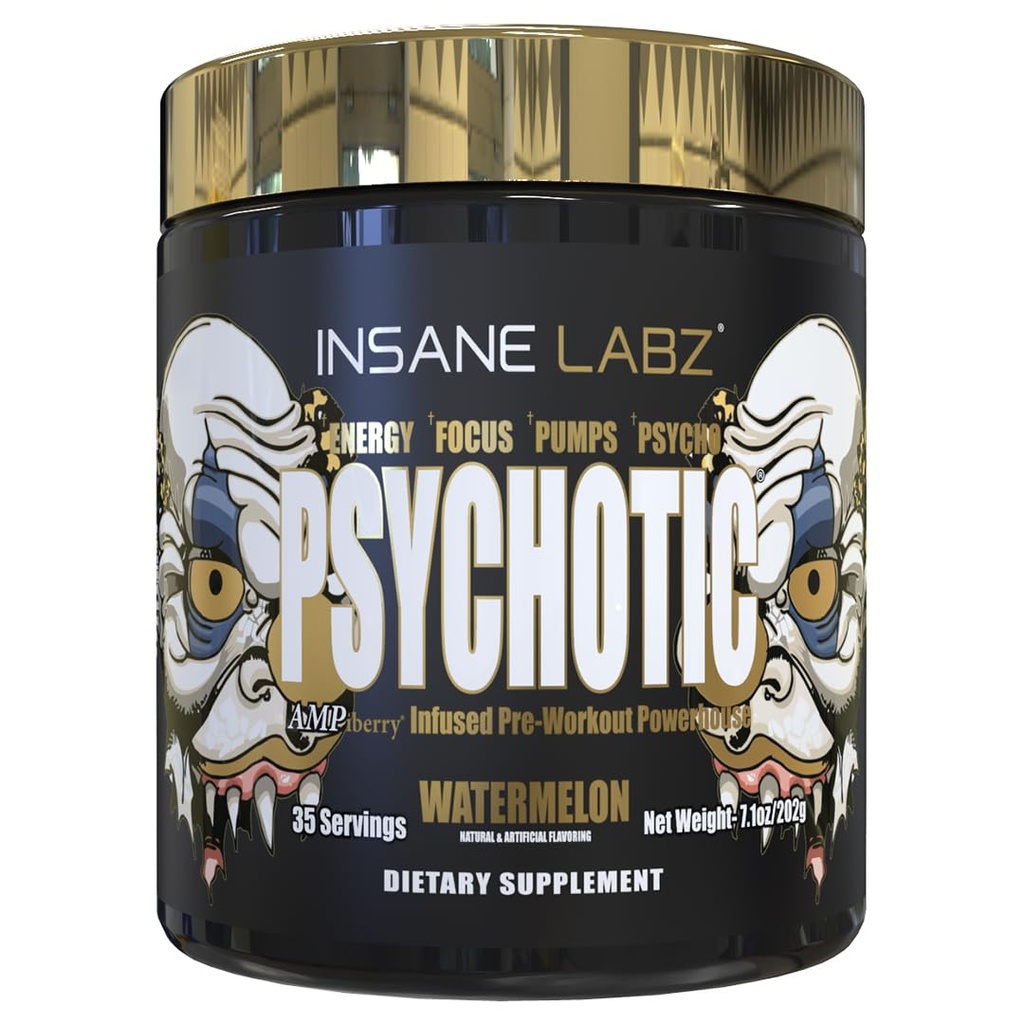Insane Labz Psychotic Gold, High Stimulant Pre Workout Powder, Extreme Lasting Energy Focus, Pumps and Endurance with Beta Alanine, DMAE Bitartrate, NO Booster (35 Servings, Watermelon)