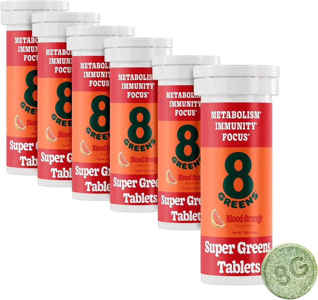 8Greens Supergreens Tablets | Super Greens Powder Superfood Tablet, Metabolism Immunity & Focus, Daily Greens Effervescent Tablets, Organic: Aloe Vera, Spirulina, Chlorella, Blood Orange, 60 Servings
