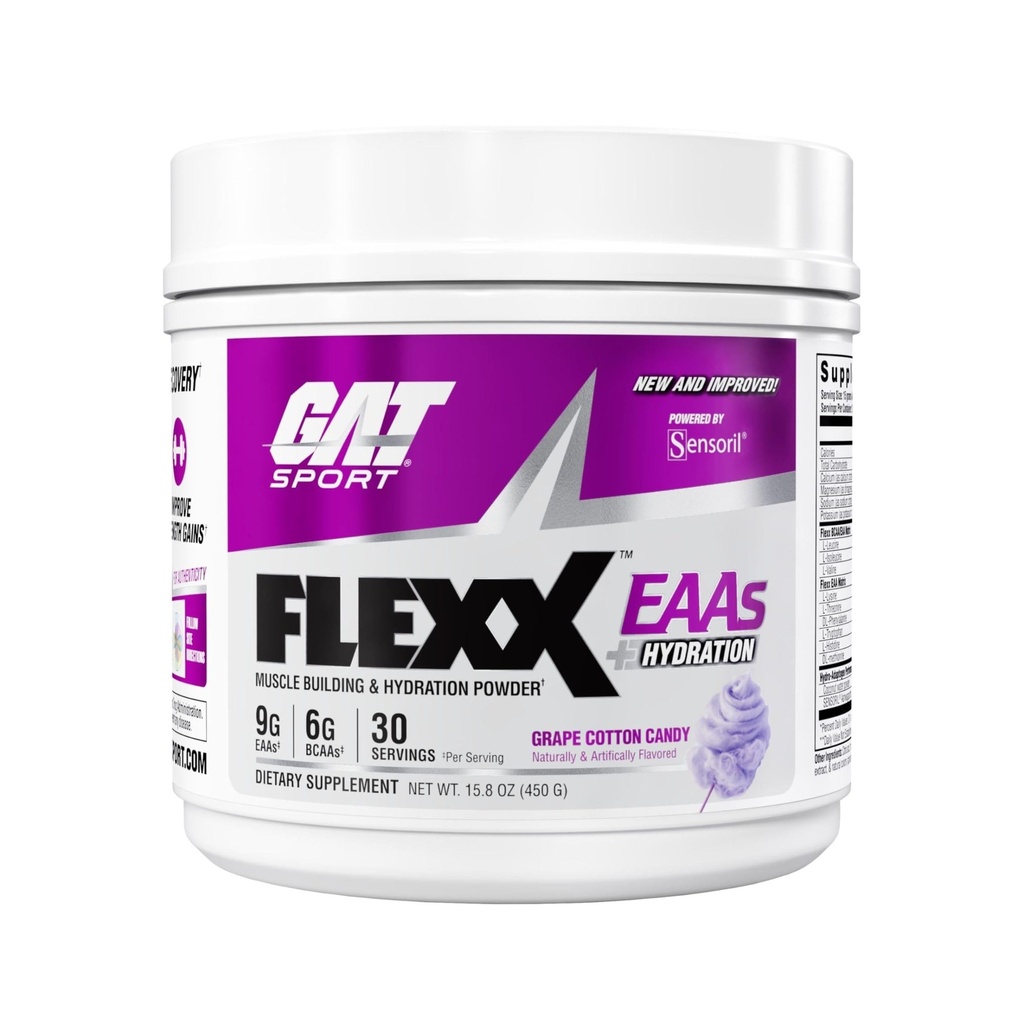 GAT SPORT FLEXX EAAs – New & Improved 9g EAAs + Ashwagandha | Muscle Recovery & Hydration | 3rd Party Tested | 30 Servings (Grape Cotton Candy)