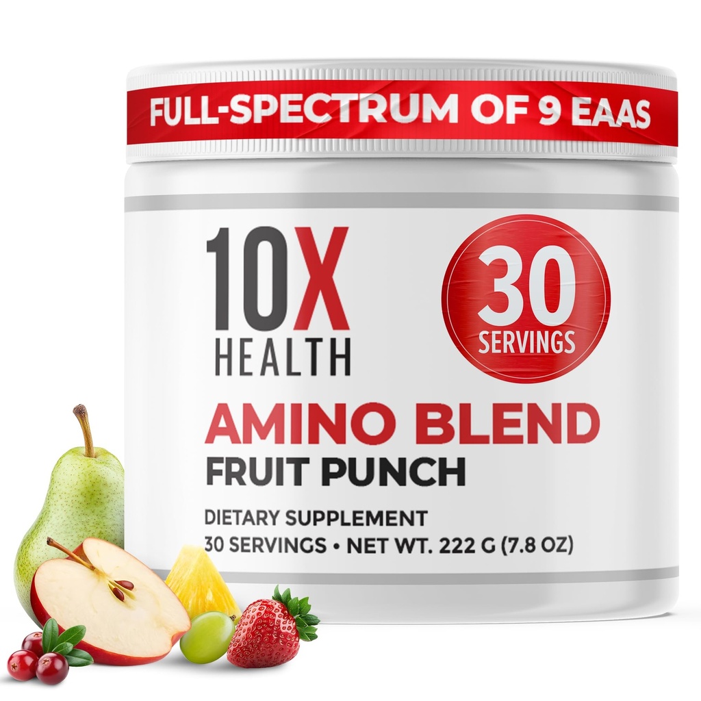 10X Health Amino Acids - 30 Servings of EAA & BCAA Powder, Pre Workout BCAA with Essential Amino Acids Supplement - BCAAs & EAAs for Longevity, Muscle Support, Strength, Energy - Fruit Punch
