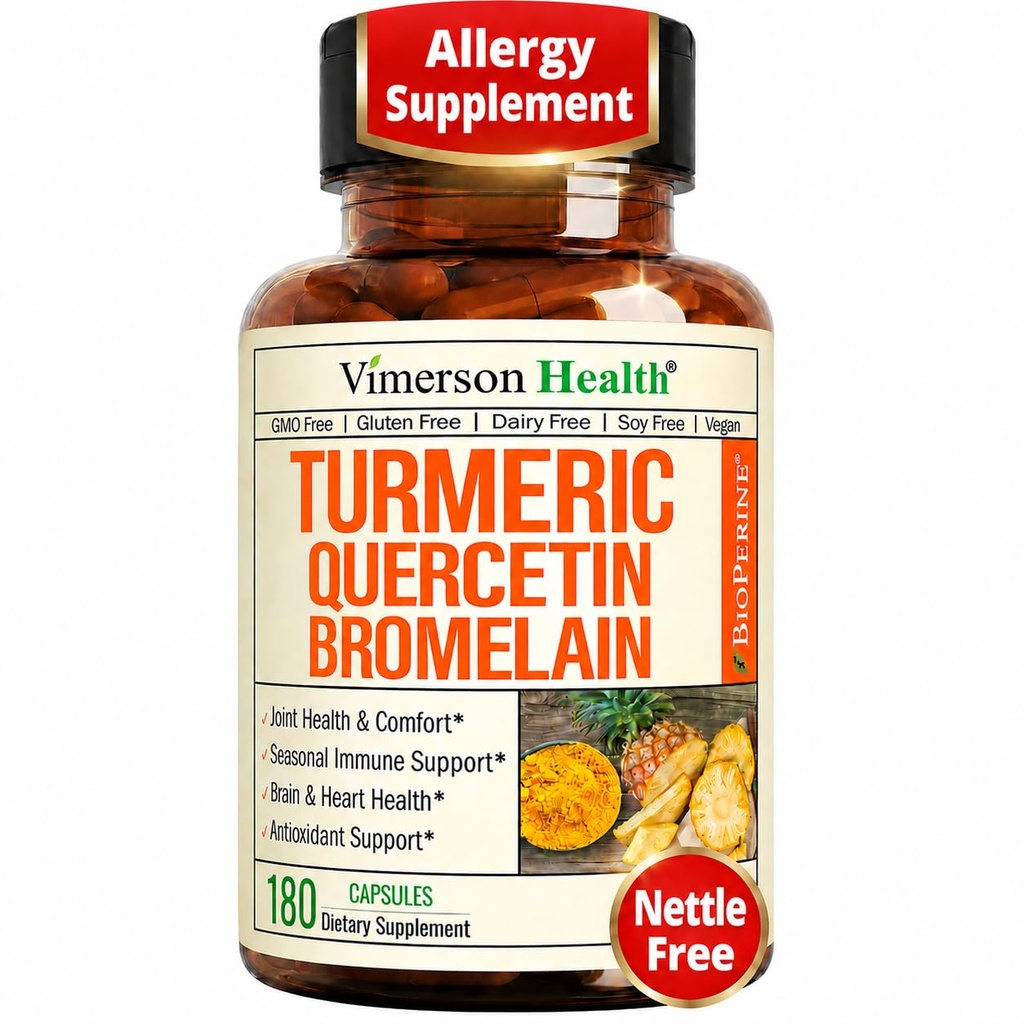 Quercetin with Bromelain Turmeric Curcumin Supplement – Triple Action: Allergy Relief, Inflammation and Joint Support with Organic Tumeric + Bioperine for Max Absorption – 180 Quercetin 500mg Capsules