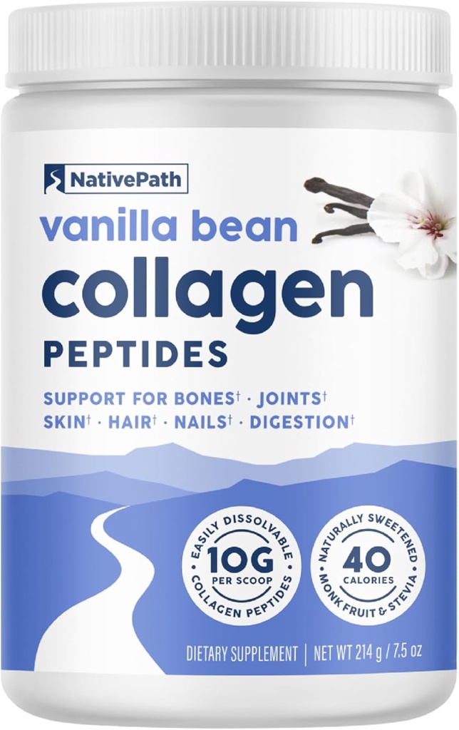 NativePath Collagen Peptides - Hydrolyzed Type 1 & 3 Collagen. Keto & Paleo Grass-Fed Protein Powder for Hair, Skin, Nails, Bones, Joints, Digestion and More - No Gluten or Dairy (Vanilla Bean, 214g)
