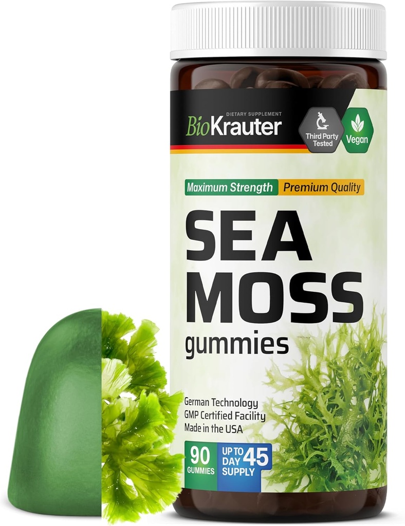 BIO KRAUTER Irish Sea Moss Gummies for Women and Men - 2840 mg Strength - 90 Vegan Chews - Bladderwrack & Burdock Root Supplement - Chondrus Crispus Formula - Seamoss Gummies