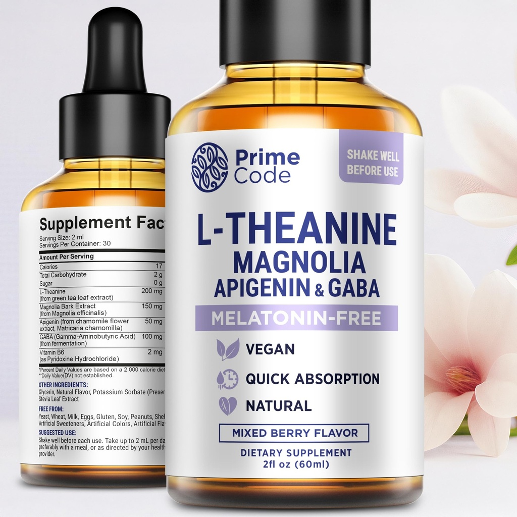 Prime Code L-Theanine Liquid with Magnolia, Apigenin & GABA – Melatonin-Free Relaxation & Calm Support – Mixed Berry Flavor – Vegan, Natural, Fast Absorption Supplement for Men & Women, 2 fl oz