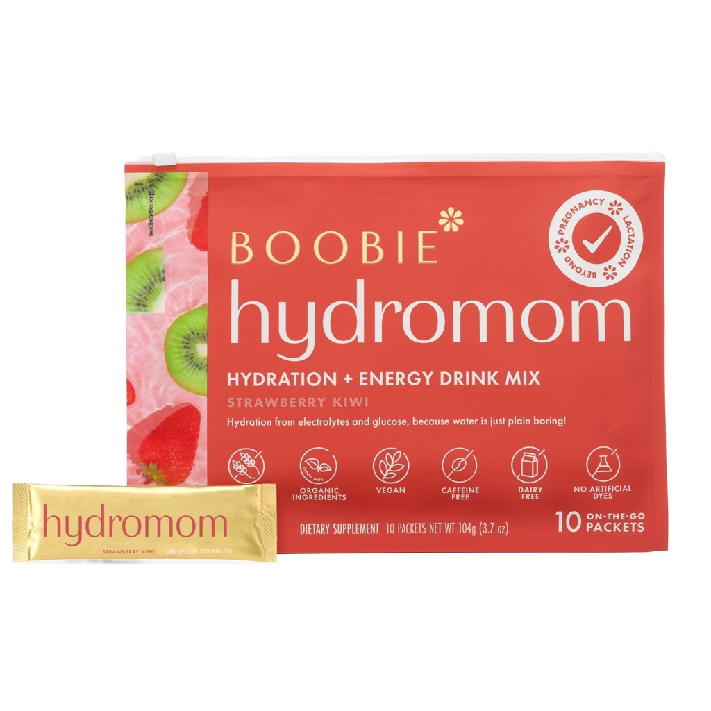 Boobie Hydromom Superfood Electrolyte Drink Mix, Strawberry Kiwi | Refreshing Energy & Hydration Boost for Mamas | On-The-Go & Travel Essentials for Pregnancy, Lactation, & Beyond, 10 Packets