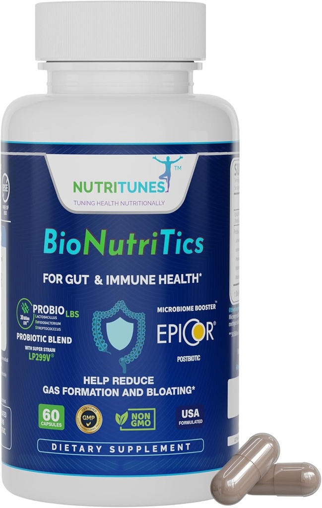 BioNutriTics – Probiotics ProBio LBS + Postbiotic EpiCor® for Gut Health, Immune Support Digestive Comfort from Occasional Gas and Bloating – 60 Capsules
