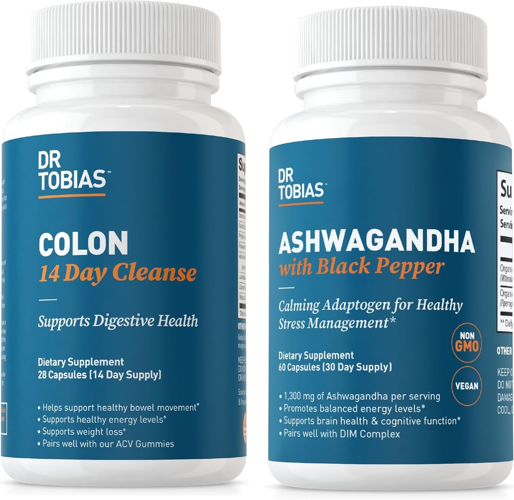 Dr. Tobias Colon 14 Day Cleanse and Ashwagandha Capsules, Colon Cleanse Detox and Calming Adaptogen, Supports Energy & Immune Health, Non-GMO