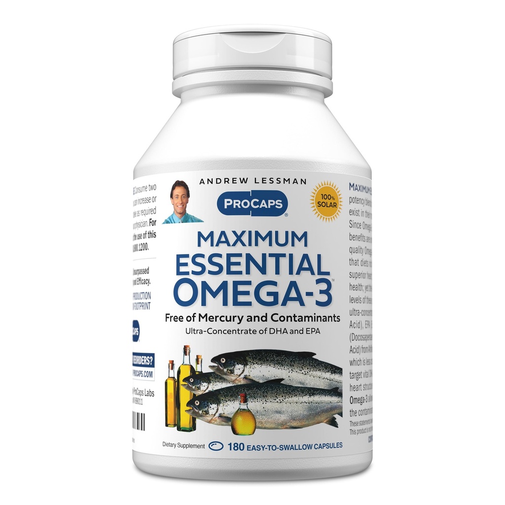 ANDREW LESSMAN Maximum Essential Omega-3 Unflavored, 180 Softgels - Ultra-Pure Omega-3 Fish Oil 1200 mg-High DHA, No Mercury Supplement-Small, Easy to Swallow Fish Oil Capsules