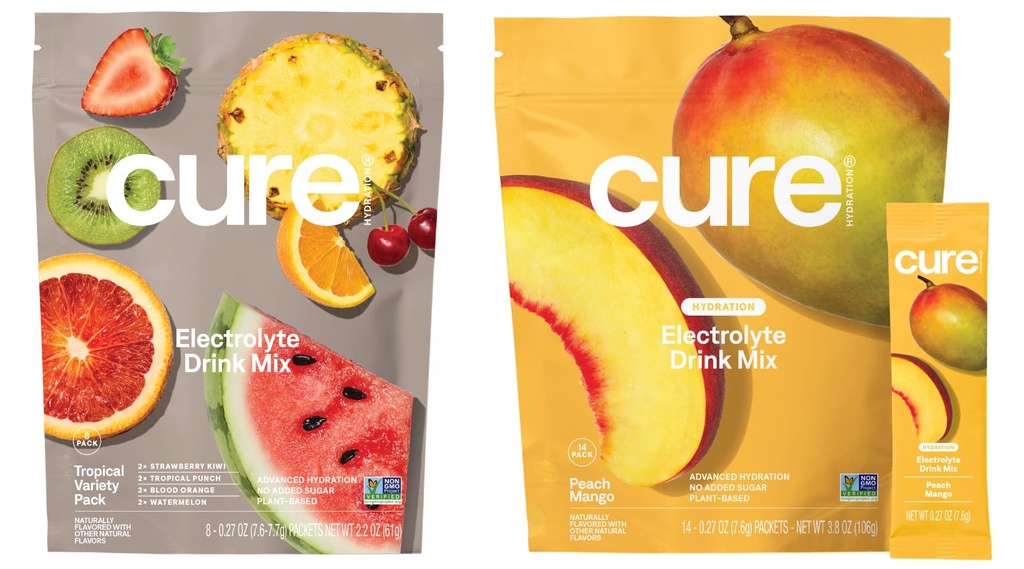 Cure Hydration | Plant-Based Electrolyte Drink Mix | No Added Sugar | Dehydration Relief Powder Made with Coconut Water | Non-GMO | Vegan | 8 Pack Tropical Variety & 14 Pack Peach Mango
