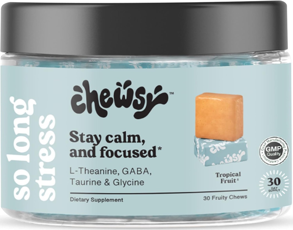 Chewsy So Long Stress, Calm Fruity Chews, Stay Calm & Focused. w/L-theanine, Amino Acid, GABA, Glycine, Tyrosine, Taurine & Magnesium. Non-GMO and Gluten-Free. Tropical Fruity Chews, 30-Day Supply