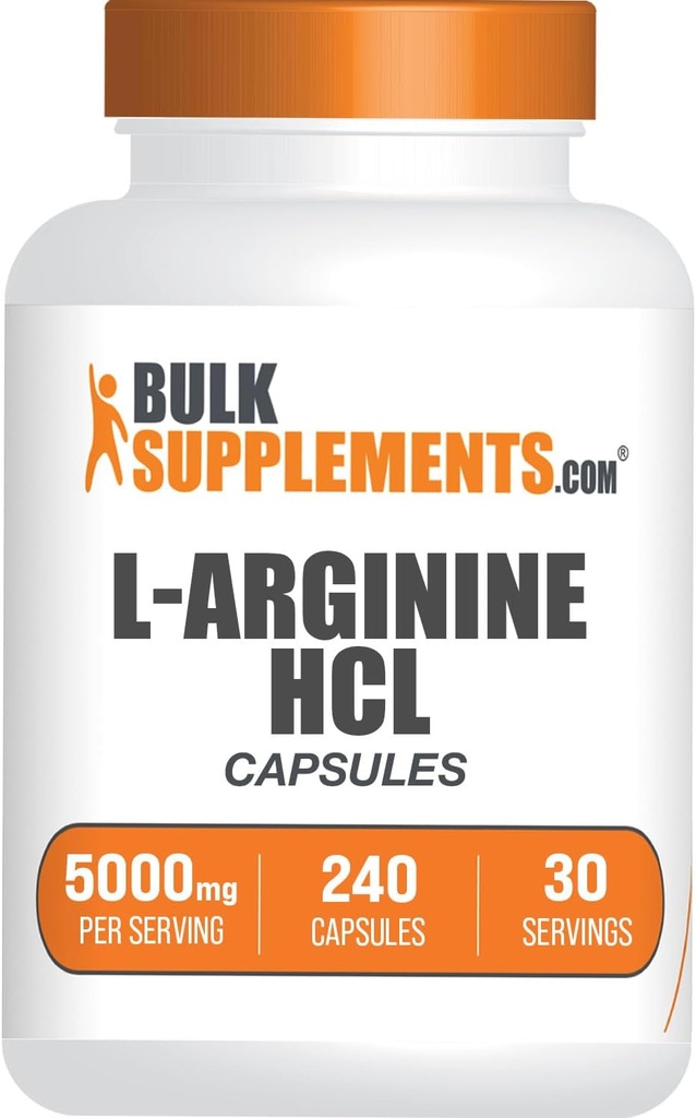 BulkSupplements.com L-Arginine HCl Capsules - Arginine Supplement, Nitric Oxide Supplement, L Arginine Capsules - Nitric Oxide Pills, Gluten Free - 8 Capsules per Serving, (5000mg) 240 Capsules