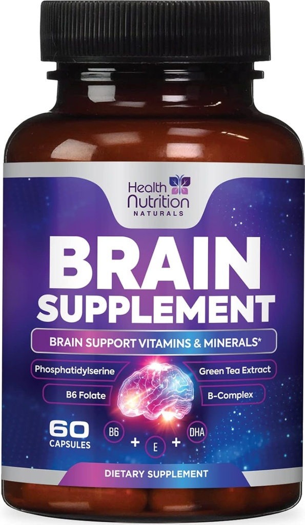 Brain Supplements for Memory and Focus - Extra Strength Nootropic Capsules for Concentration, Alertness, Cognitive Support - Phosphatidylserine, DMAE, Brain Health Vitamins B6 C E Zinc - 60 Capsules