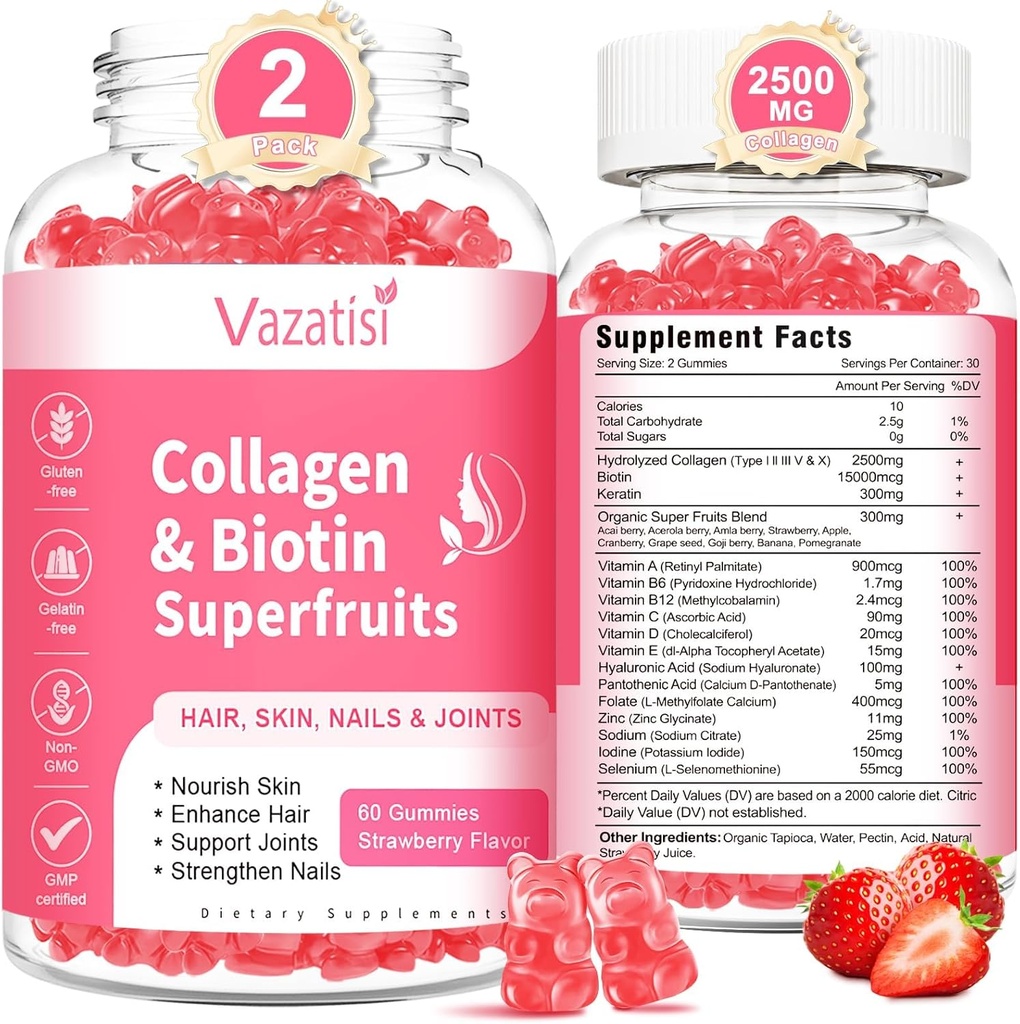 2 Pack Sugar Free Collagen Gummies for Women Men, Multi Collagen Peptides Gummies Type I II III V X with Biotin Vitamin A B C D E for Hair Skin Nails, Strawberry Flavor, 120 Count