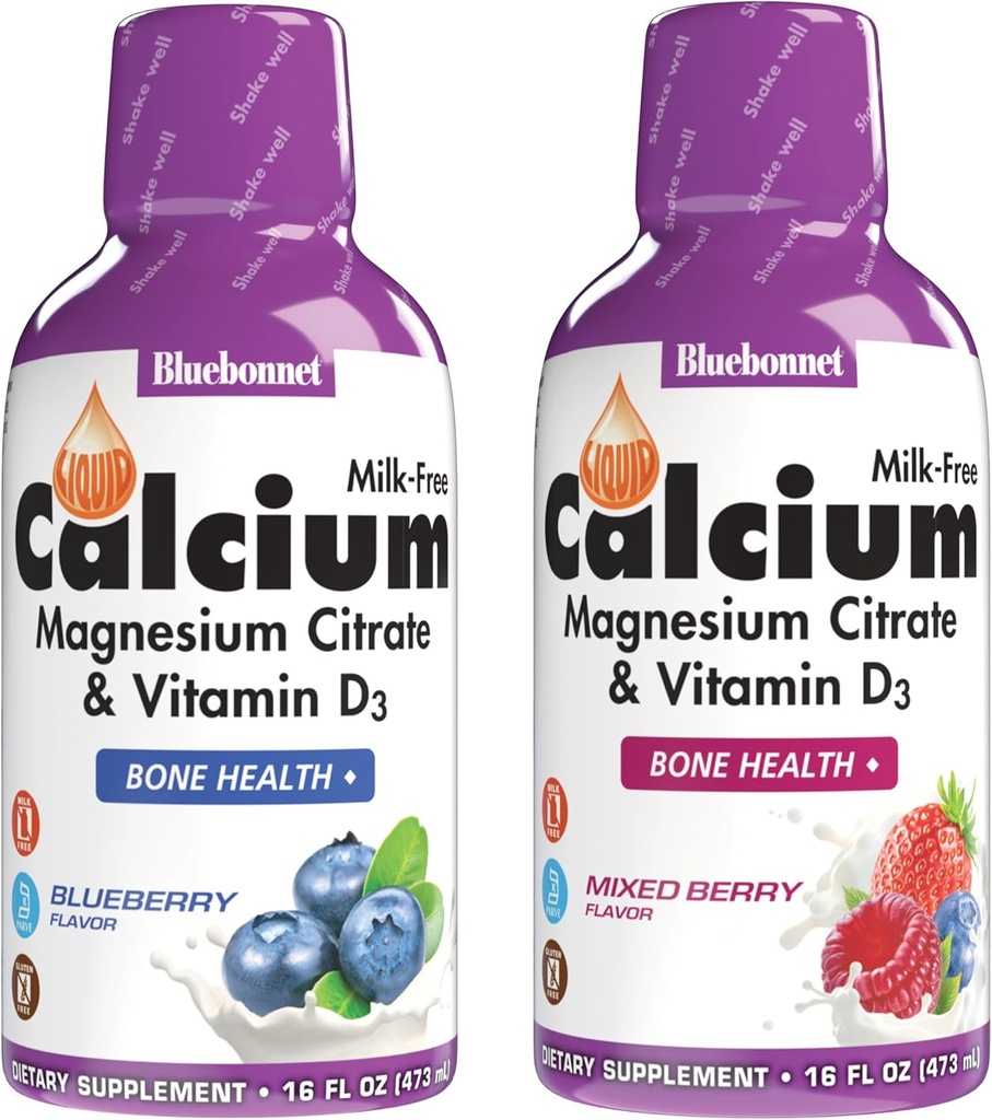 BlueBonnet Nutrition Liquid Calcium Citrate Magnesium Citrate, Vitamin D3, Bone Health, Gluten Free, Soy Free, Milk Free, Kosher, Blueberry and Mixed Berry Combo