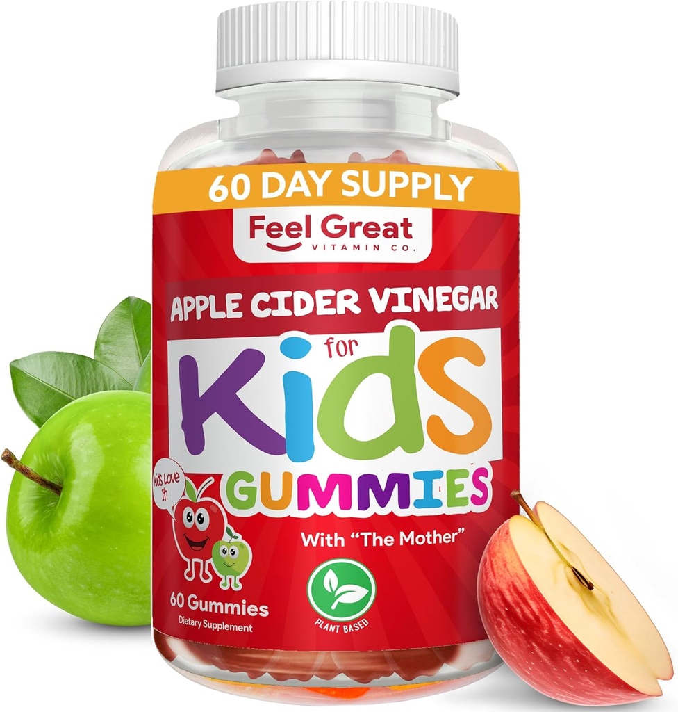 Feel Great Apple Cider Vinegar Gummies for Kids | Rich in Digestive Enzymes & Natural Antioxidants for Gut Health | Vegan Gummy Supports Healthy Nutrient Absorption | 60 Day Supply