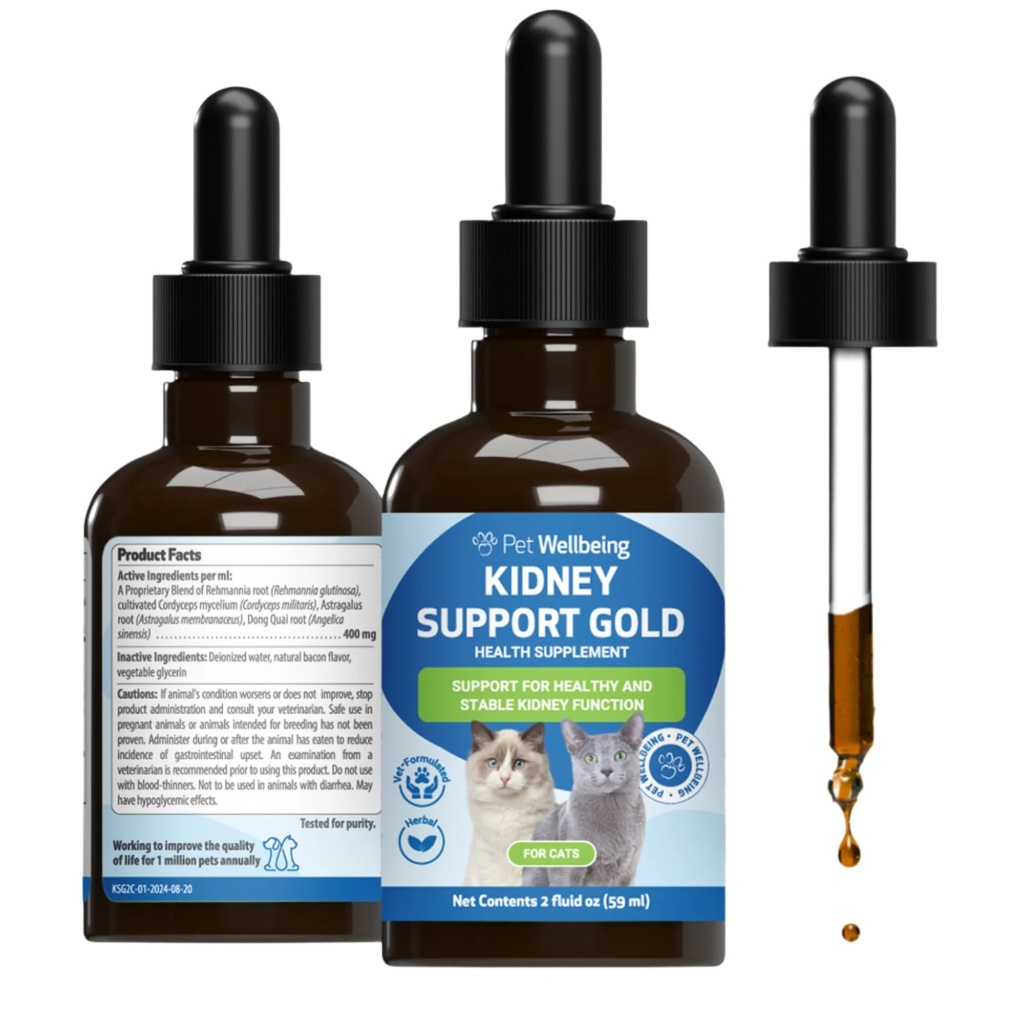 Pet Wellbeing Kidney Support Gold for Cats - Supports Normal Kidney Function & Detox, Healthy Hydration & Energy with Rehmannia & Dong Quai - NASC Certified & Vet-Formulated - 2oz Liquid Formula