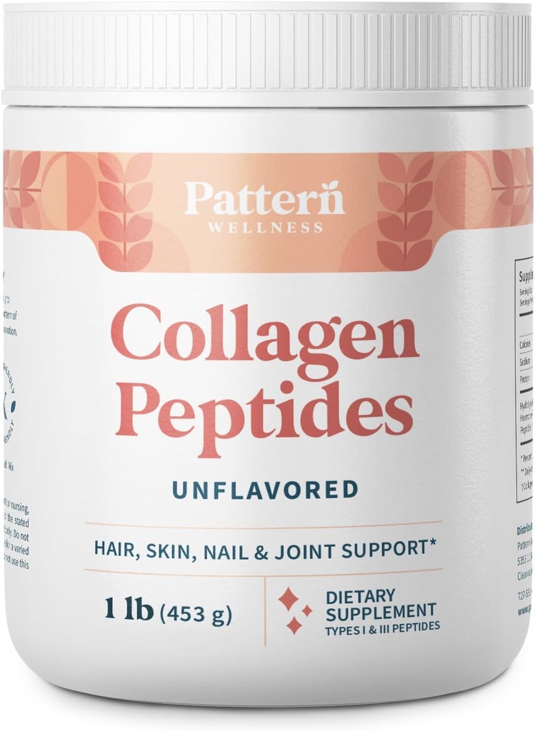 Pattern Wellness Collagen Peptides Powder (Type I & III) - Hair, Nails, Skin and Joint Health - Grass Fed & Pasture Raised - Hydrolyzed Collagen, Non-GMO, Dairy Free, & Keto - Unflavored (16 Oz)