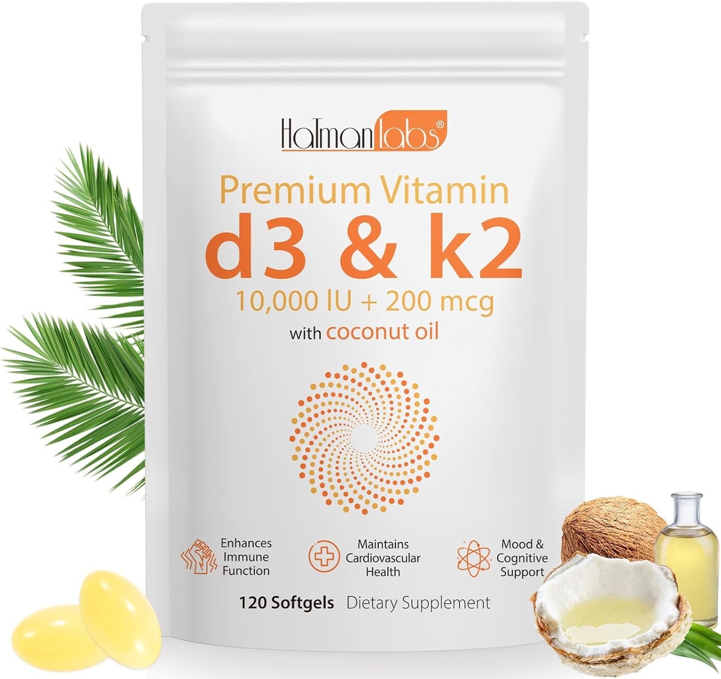 Vitamin D3 K2 Supplement Softgel,2-in-1 Micro Ingredients Vitamin D3 10000 IU + 200 MCG Vitamin K2,Coconut Oil Softgels,Free of GMO, Supplement Softgel (120Pcs)
