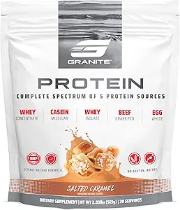 Granite Nutrition Protein Powder - Premium 5-Source Blend (Whey, Casein, Egg, Grass-Fed Beef) for Lean Muscle and Recovery - Salted Caramel Flavor, 30 Servings