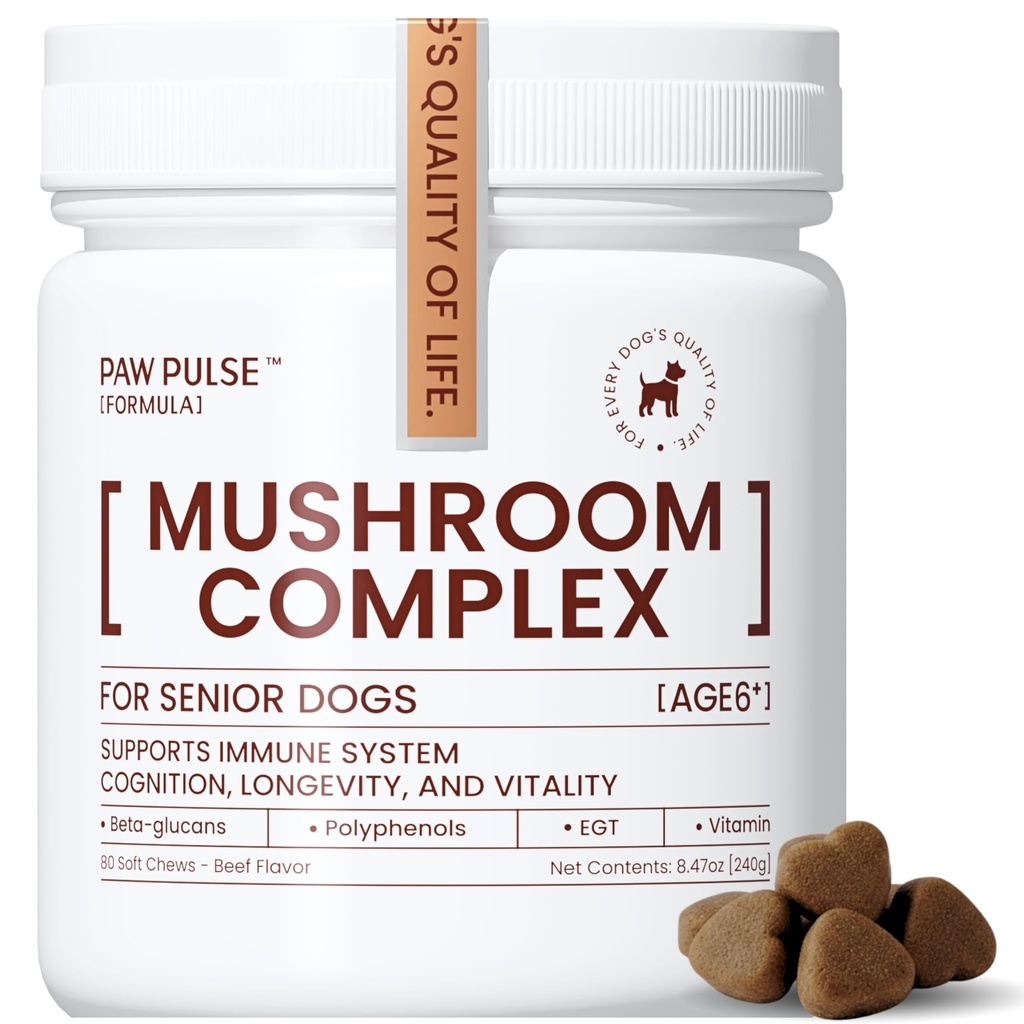 Pawpulse Formula Mushroom Chews for Dogs with Turkey Tail, Lion's Mane & Reishi – Senior Dog Supplement for Lipoma, Lumps & Bumps – Immune Support & Gut Health – 80 Count