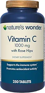 Nature's Wonder Vitamin C 1000 mg with Rose Hips Tablets for Immune Health, 250 Servings, 250 count
