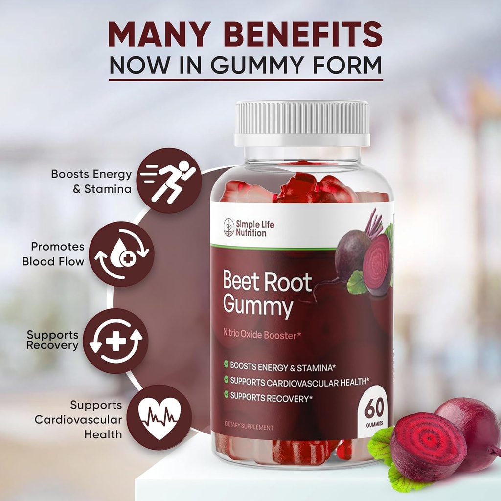 Organic Beet Root Gummies - Nitric Oxide Booster for Men & Women - Organic Non-GMO Gluten Free Vegan Beets - 60CT