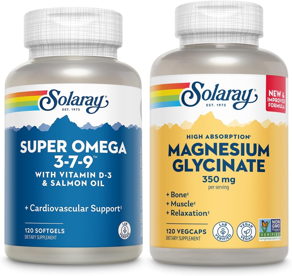 SOLARAY Super Omega 3, 7, 9 and Magnesium Glycinate Bundle - Essential Fatty Acids and Chelated Magnesium Gisglycinate for Healthy Heart, Bones, and Relaxation Support - 120 Softgels, 275 VegCaps