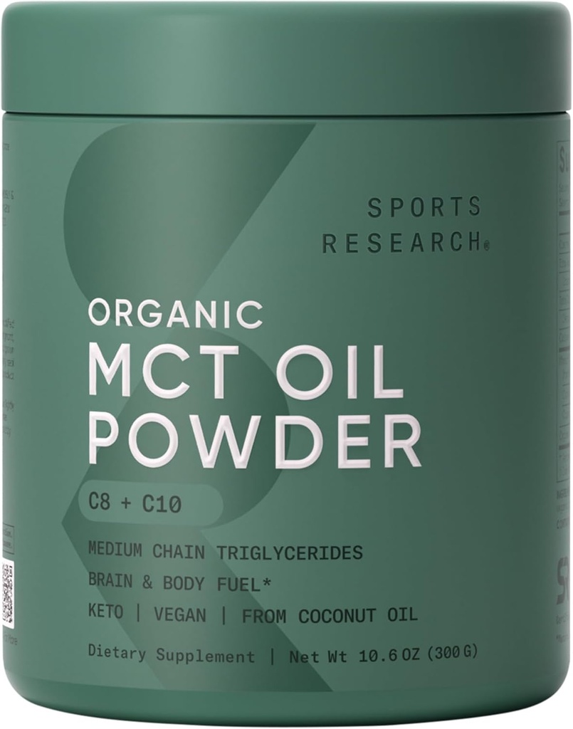 Sports Research Organic MCT Oil Powder - Keto & Vegan MCTs C8, C10 from Coconuts - Fatty Acid Brain & Body Fuel, Non-GMO & Gluten Free - Unflavored, Perfect in Coffee, Tea & Protein Shakes - 10.6 oz