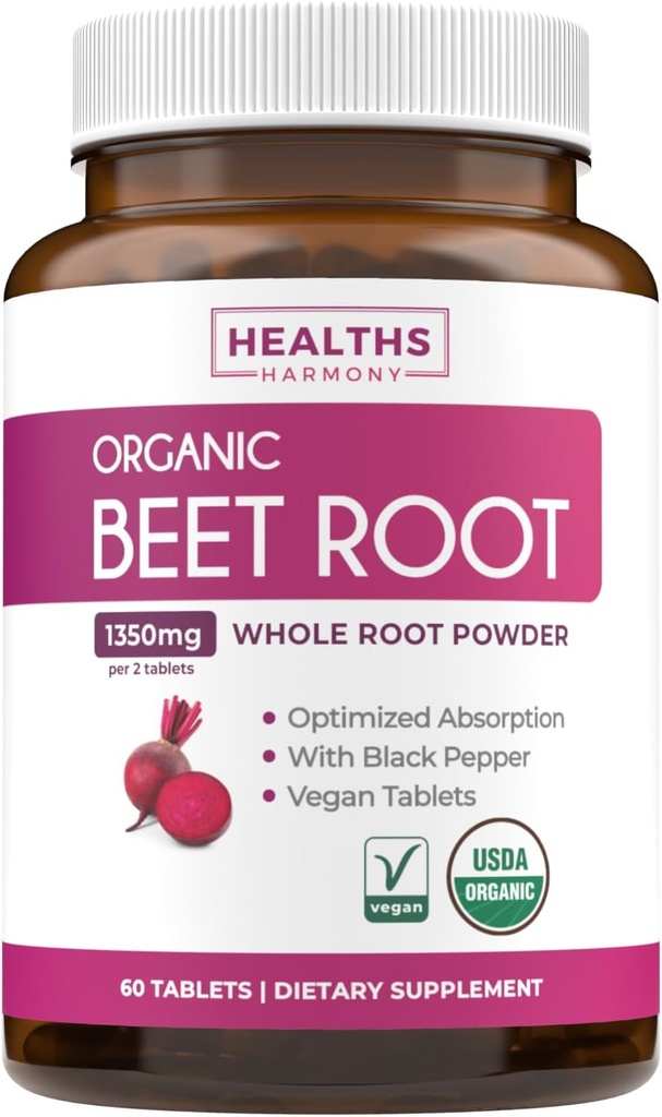 USDA Organic Beet Root Powder (60 Tablets) 1350mg Beets Per Serving with Black Pepper for Extra Absorption - Super Antioxidant and Nitrate Supplement for Athletic Performance and Stamina- No Capsules