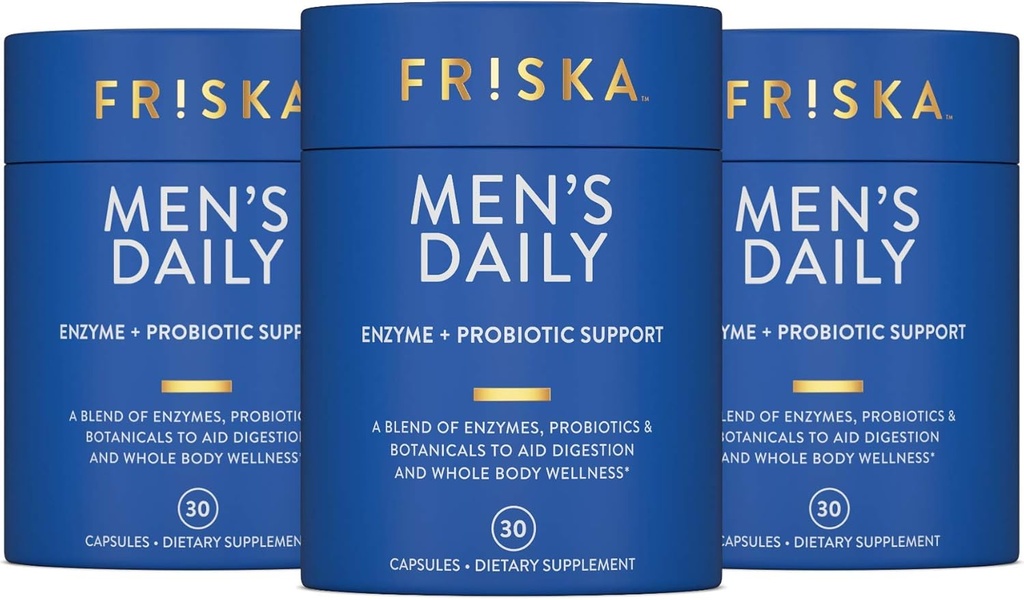 FRISKA Men’s Daily Digestive Enzyme and Probiotics Supplement, Natural Support for Male Digestive Health, Bloating, Gas, Indigestion Relief, Supports Gut Health, Lactase and B-Vitamins, 90 Capsules