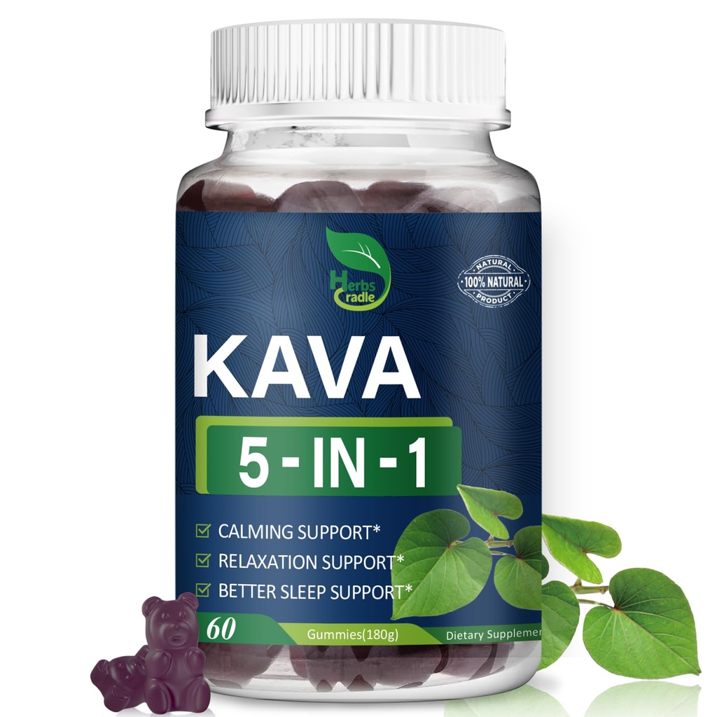 Kava Kava Extract Gummies for Calming & Relaxation, 5-in-1 Herbal Supplement w/Valerian Root Passion Flower for Sleep Support, Alternative to Kava Powder Capsules. 60 Cont