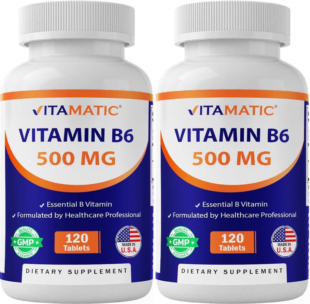 Vitamatic Vitamin B6 (Pyridoxine HCI), 500 mg – 120 Vegetarian Tablets - 2 Pack Promotes Energy Production, Boosts Metabolism & Immune Health Support