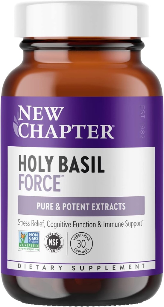 New Chapter Stress Relief Supplement - Holy Basil Force with Supercritical Holy Basil for Stress Support + Immune Support + Non-GMO Ingredients - Vegetarian Capsules, 30 Count