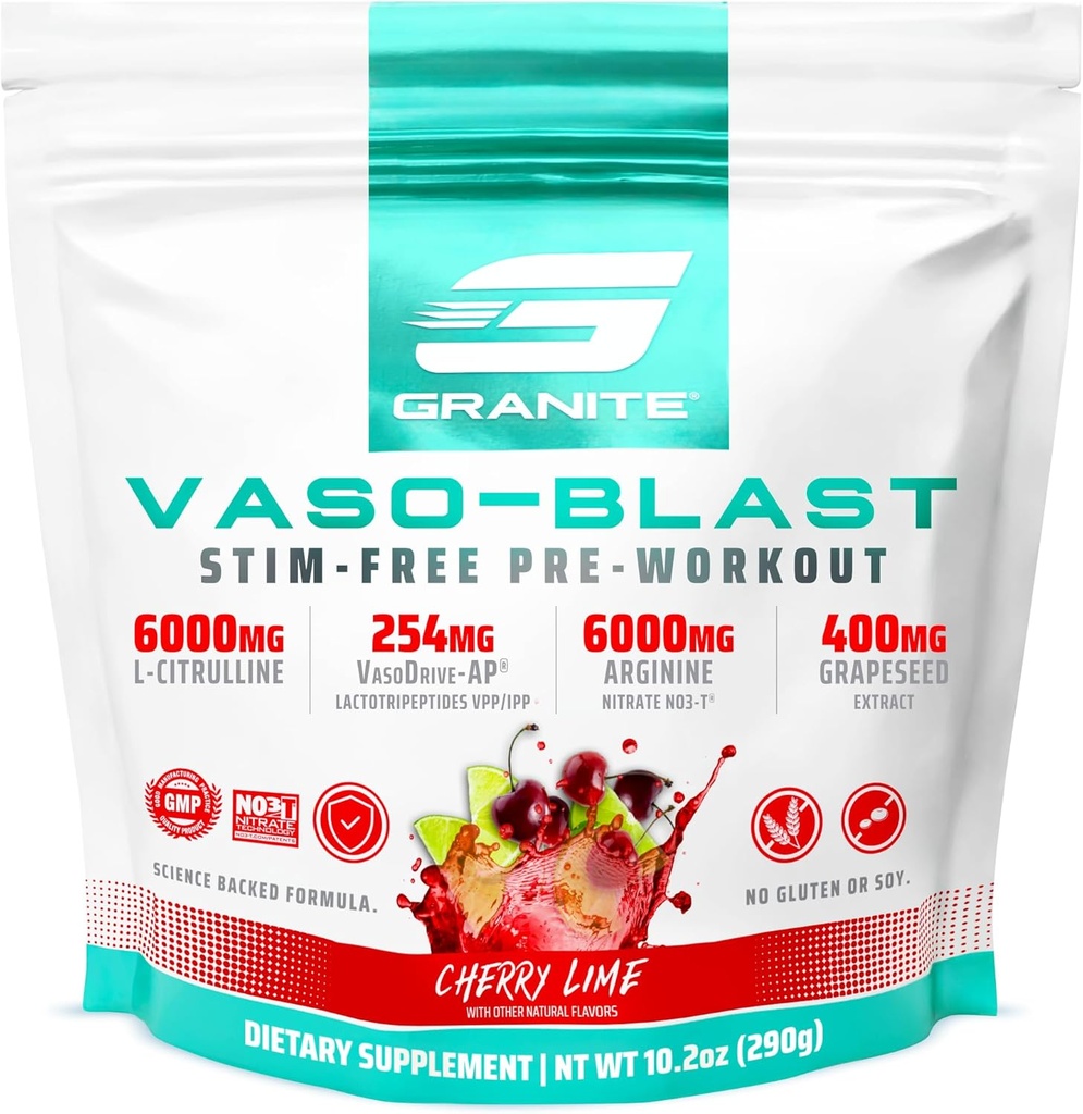 Granite Supplements Vaso Blast, Cherry Lime Flavor, Stimulant-Free Pre Workout for Men & Women with Grapeseed Extract, Arginine Nitrite, & VasoDrive-AP for Max Pump (20 Servings)