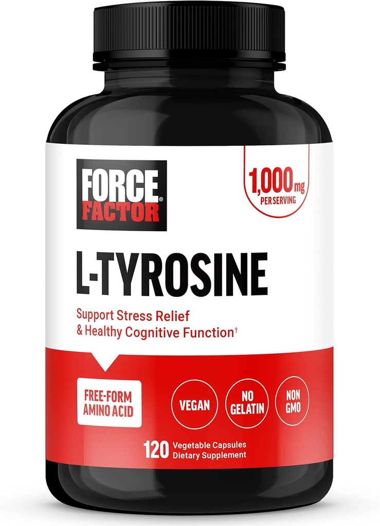 FORCE FACTOR L Tyrosine Stress Relief Supplement, L-Tyrosine Brain Health Supplements for Adults, L-Tyrosine 500mg Capsules, Free Form, Vegan, No Gelatin, Non-GMO, 120 Capsules