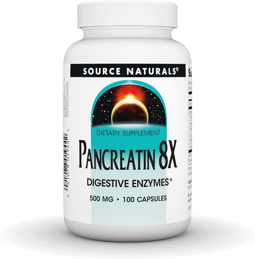 Source Naturals Pancreatin 8X, 500 mg Digestive Enzymes - 100 Capsules