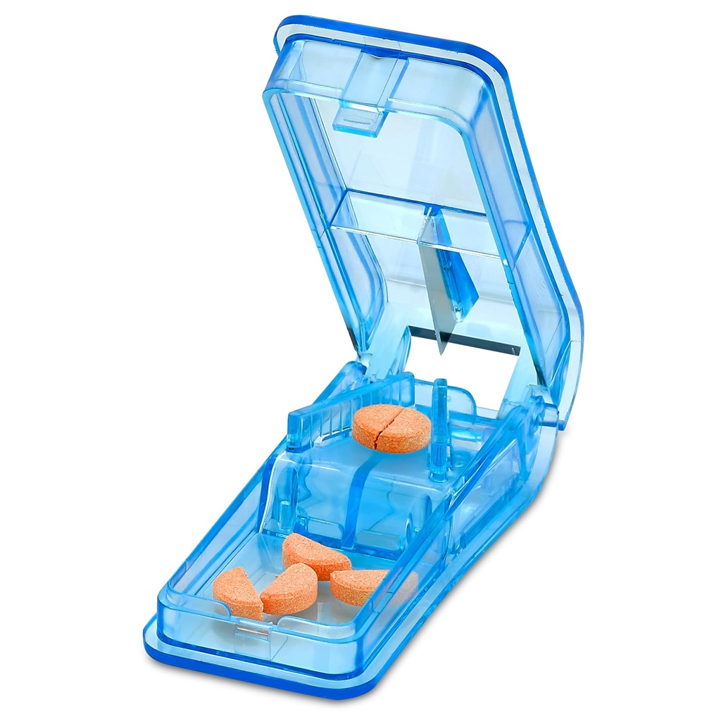 Pill Cutter - V- Grip Pill Crusher and Cutter for Vitamins, Big & Small Pills, and Medication - Transparent Pill Splitter with Pill Holder Case to Split