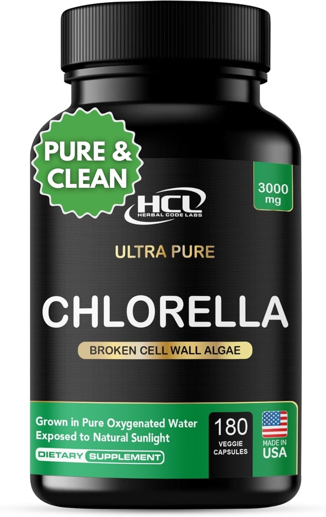 Chlorella Capsules 3000 mg - Cracked Cell Wall Blue Green Algae Supplement - Best Natural Detox Cleanse - Plant Vitamins Minerals Chlorophyll Vegan Protein Powder Pills - Made in USA