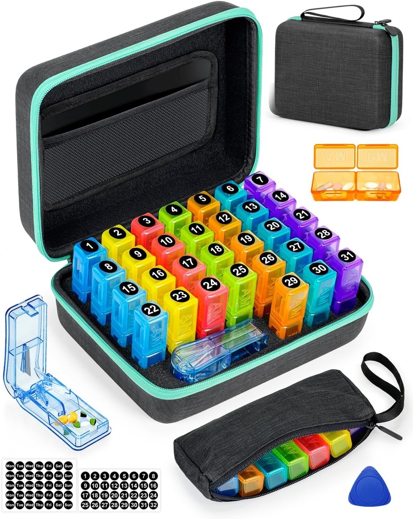Monthly Pill Organizer 2 Times a Day, with Weekly Pill Bag, Portable Hard Shell, Pill Cutter, Plastic Opening Pick, Monthly & Weekly Stickers, Convenient Medication Management and Tracking