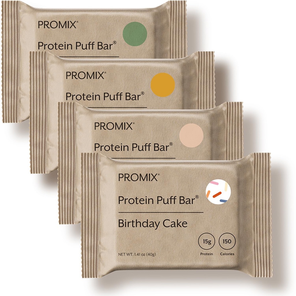 ProMix Nutrition Protein Puff Bars - Variety Pack - Birthday Cake, Snickerdoodle, Banana Bread, Mint Chocolate - Marshmallow Crispy Treat - High Protein & Low Calorie - 12 Bars