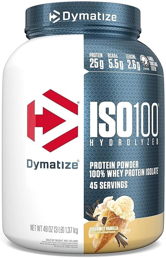 Dymatize ISO100 Whey Protein Powder Isolate, Vanilla, 25g of Protein, 3 Pound, 5.5g BCAAs, Less Than 120 Cal., Gluten Free, 1g Fat, 1g Sugar, 2g Carb (45 Servings)