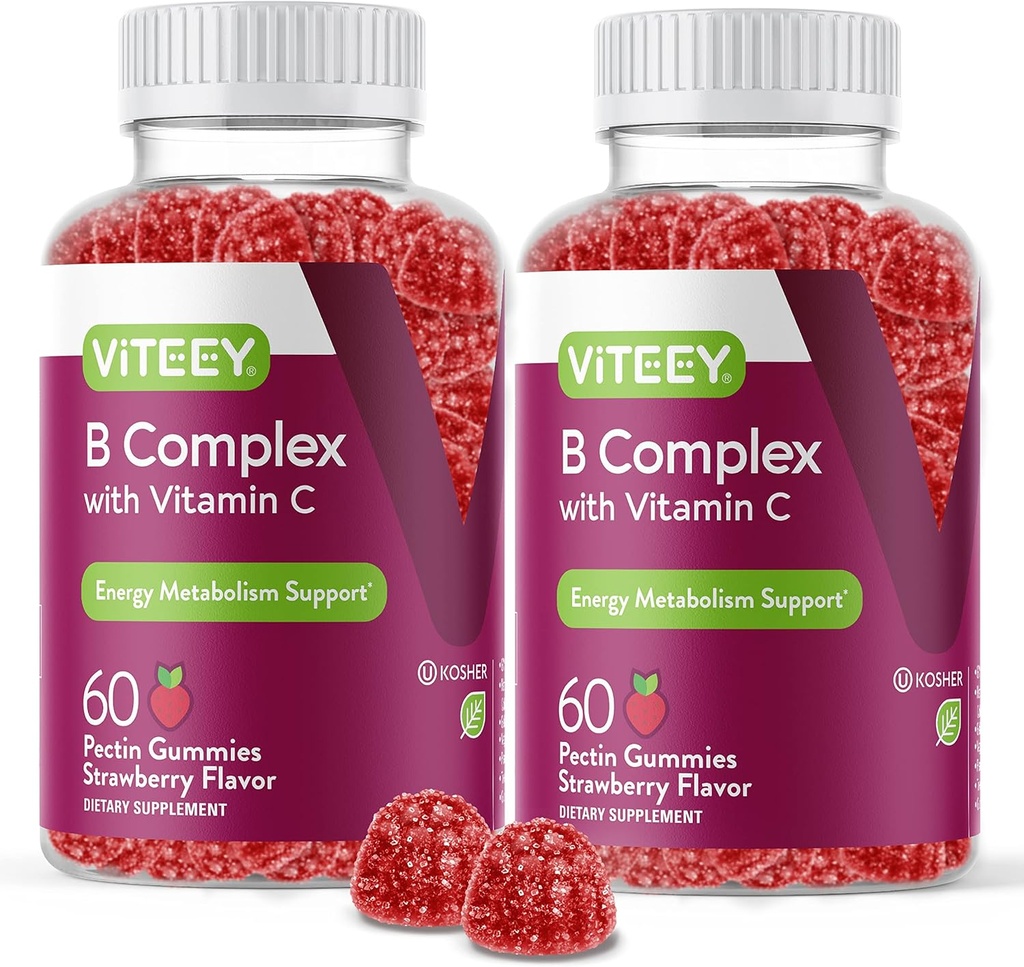 Viteey Vitamin B Complex Gummies with Vitamin C - Energy, Metabolism & Immune Support - B6, B12, Niacin, Folic Acid, Biotin, Calcium - Vegan, Gluten-Free - 120 Count