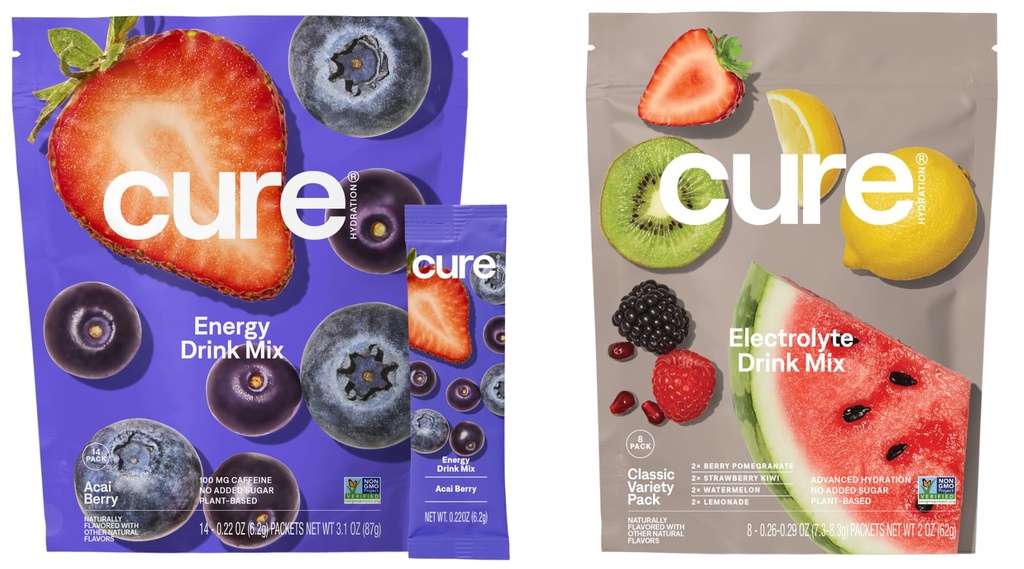 Cure Hydration | Plant-Based Electrolyte Drink Mix | Energy & Dehydration Bundle | No Sugar | Coconut Water |100mg Caffeine | Non-GMO | Vegan | 14-Pack Acai Berry & 8-Pack Classic Variety