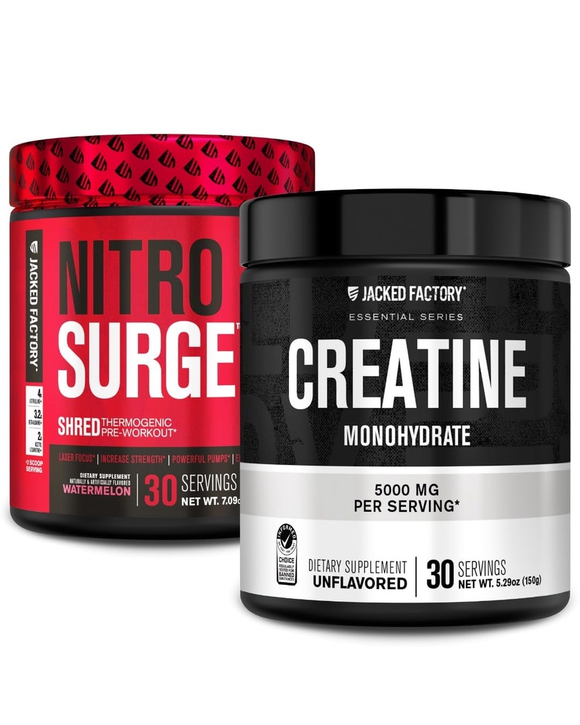 Jacked Factory NITROSURGE Shred Pre Workout Supplement (Watermelon, 30 Servings) & Creatine Monohydrate Powder (Unflavored, 30 Servings)