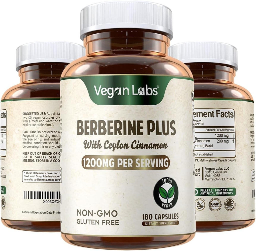Vegan Labs Berberine HCL 1200MG with Organic Ceylon Cinnamon- 180 Vegan Capsules- Supports Overall Health and Immune System
