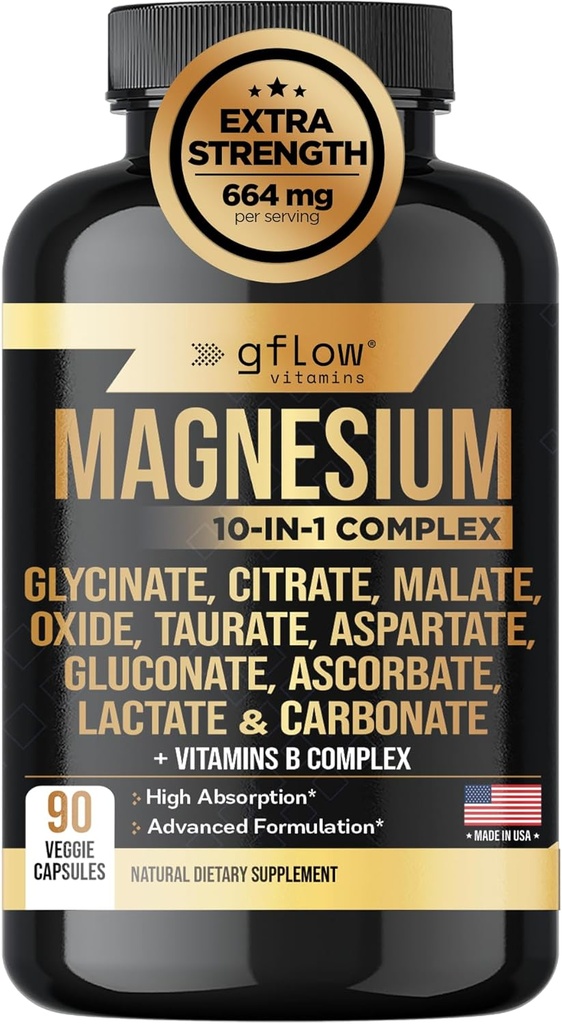 Magnesium Complex Supplement - 10 Active Forms, Glycinate, Citrate, Malate, Oxide, Taurate, Aspartate, Gluconate, Ascorbate, Lactate, Carbonate, Plus More with Vitamin C B1 B2 B6 B12