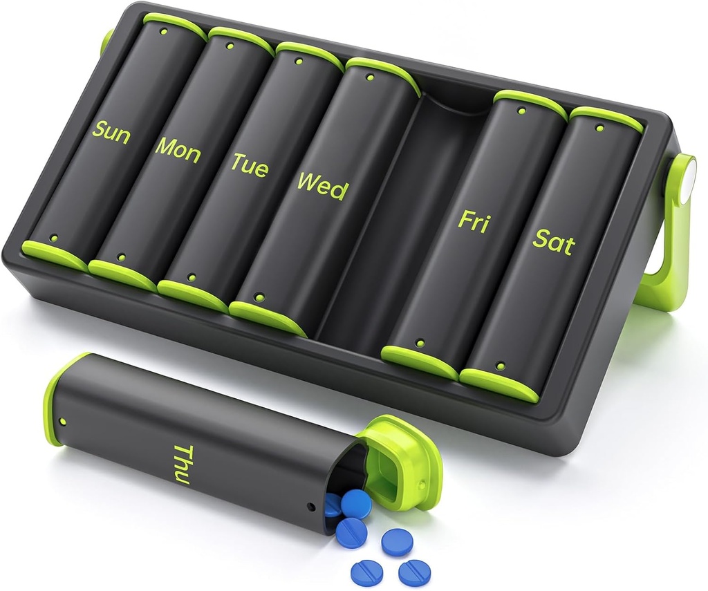 Weekly Pill Organizer 2 Times a Day, KOVIUU Large Travel Pill Box 7 Day, Am Pm Twice Daily Pill Case with Rotatable Handle, Pill Holder Container for Vitamin, Medicine, Supplement, Fish Oil, Green