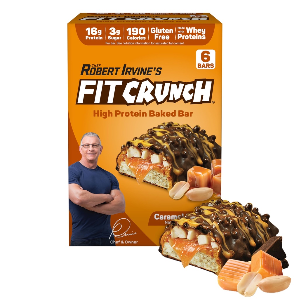 FITCRUNCH Snack Size Protein Bars, Designed by Robert Irvine, World’s Only 6-Layer Baked Bar, Just 3g of Sugar & Soft Cake Core (Caramel Peanut)